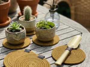 ☕ Set 2 Portavasos de Algodón Café y Dorado 11cm ✨